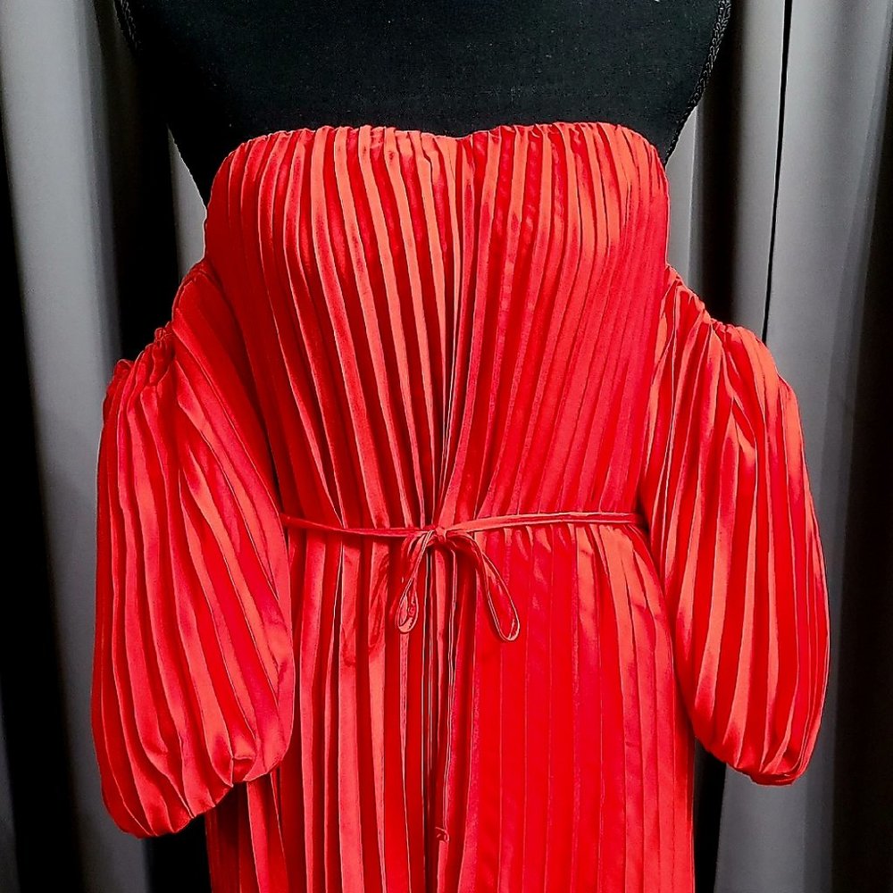 Coral Puff Sleeve Fanned Dress